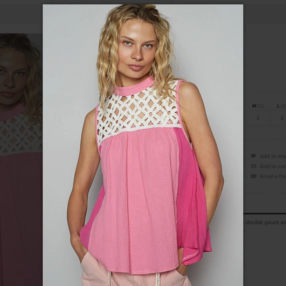 💕POL “ Dixie “ POL Sleeveless Top in Double Gauze and Crochet Detail 29